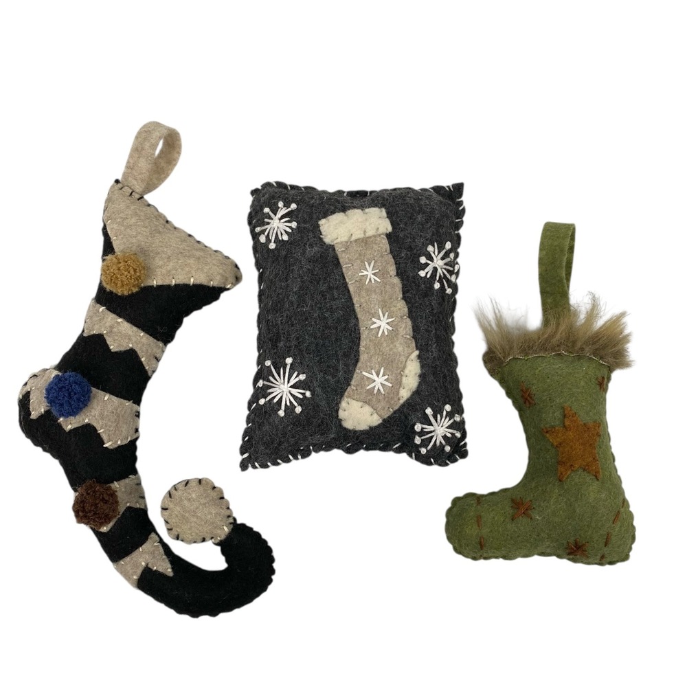 Handmade Felt Christmas Ornament Set 3pc Stocking Pillow Folk Art Rustic Holiday